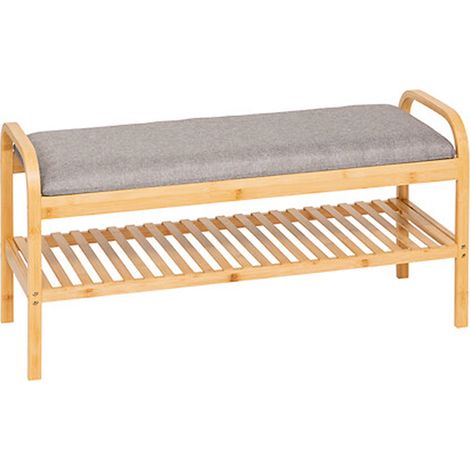 Banc à chaussures, meuble à chaussures en bois coloris naturel et coussin polyester - Longueur 90 x Profondeur 34 x Hauteur 45 cm (1/5)