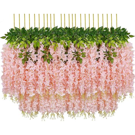 Guirlande de 24 fleurs artificielles en soie, fausse glycine, pour la décoration de la maison, du jardin, des mariages et des fêtes (Lot de 24, 110 cm, rose clair)