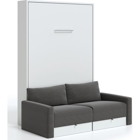 Lit escamotable vertical à tiroirs et canapé tissu VALENCIA Matelas mousse 18 cm Gris foncé-Avec matelas-80x180-Canapé Gris foncé-Structure Blanche (1/5)