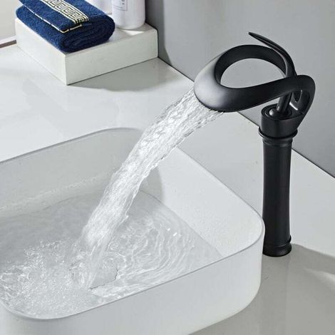 Black Tall Waterfall Sink Faucet Black Tall Waterfall Sink Faucet Tall Bathroom Faucets Black Waterfall Bathroom Faucet, Black, Tall MUMU (1/4)