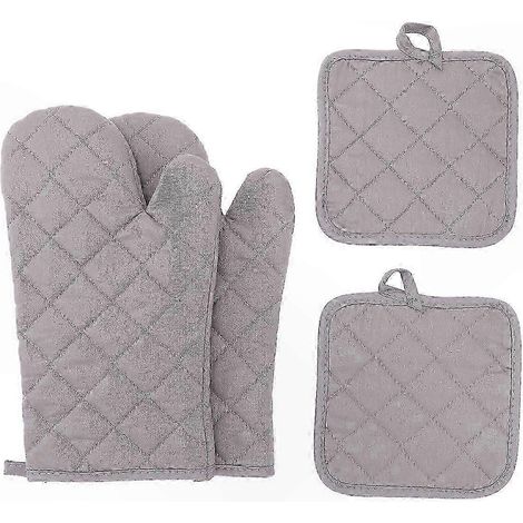 Gants de cuisine et maniques résistants à la chaleur (gris), ensemble de 4 pièces, coton extra épais, 30 cm de long, gris (1/5)
