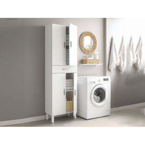 Armadio multiuso grande Oxnard, Mobile per bagno o lavanderia a 4 ante e 1 cassetto, Armadio multiuso porta scarpe, 60x29h182 cm, Bianco lucido (1/5)
