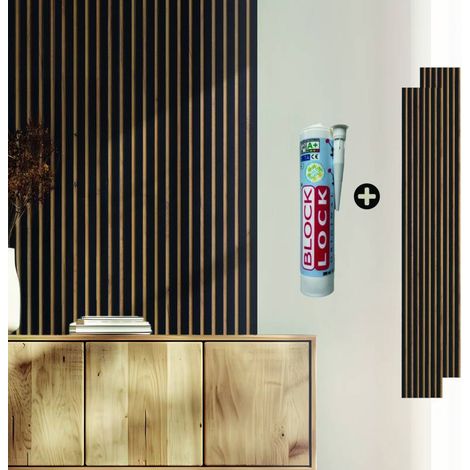 Lot de 2 Panneaux tasseaux bois avec colle 250 x 30 x 1,4 cm - décor noir / fond rigide chêne - 1,5m²