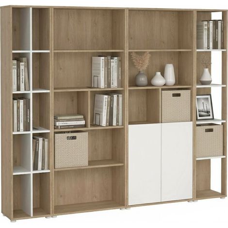Dmora - Parete attrezzata Sabine, Composizione soggiorno, Mobile salotto multiuso, Armadio porta TV, 241x34 h205 cm, Rovere e Bianco