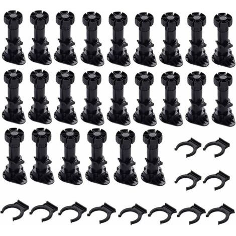 24 Pièces Pieds D'Armoire Plastique,Pied de Meuble,Pied Réglable pour Meuble,Noir Pieds de Meuble Plastique avec Clip Fixation Base pour Meubles de Cuisine,Armoire et Canapé (80mm-100mm) (1/5)