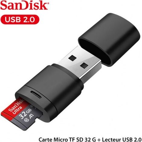 Carte Micro TF SD classe 10 SanDisk 32 G + Lecteur USB 2.0 - originale, carte mémoire pour Smartphone Tablette Caméra Surveillance (1/5)