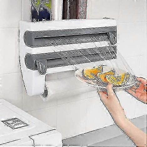 Planche à découper multifonctionnelle avec rangement intégré, support mural 4 en 1 pour bouteilles de sauce, distributeur de film alimentaire multifonctionnel avec porte-épices (kaki) (1/4)