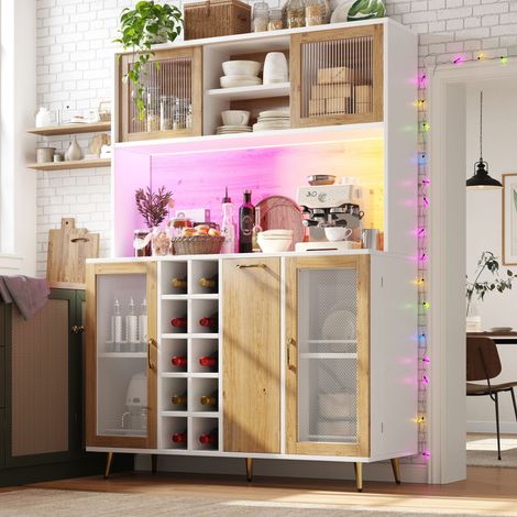 Meuble de rangement, meuble de cuisine multifonctionnel, dimensions 120 x 40 x 170 cm, avec éclairage LED, 5 portes, prise intégrée, finition blanc imitation bois