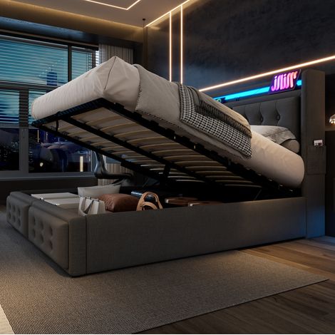 Cama con almacenaje tapizada 180x200 gris con LED, USB-C y somier de láminas (1/5)