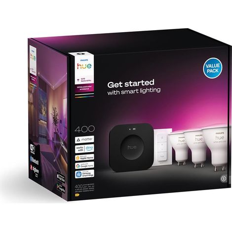Kit de démarrage - PHILIPS HUE - Lumiere blanche et ambiance colorée - 1 Bridge Pro + 3 3 spots GU10 400 lumens + 1 dimmer switch