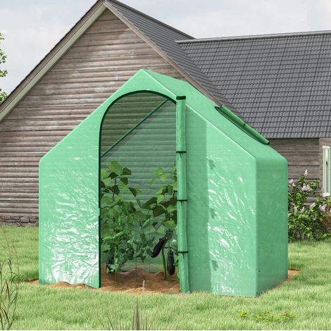 Serre tunnel de jardin 180 x 100 x 168 cm avec fenêtre, porte zippée et armature en acier vert pour tomates et semis, facile à installer CHICFURN (1/5)