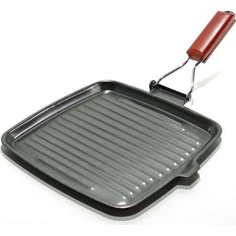 TrAdE Shop Traesio - Bistecchiera Antiaderente In Acciaio Al Carbonio Con Manico Pieghevole 25x25 Cm Cucina - (1/2)