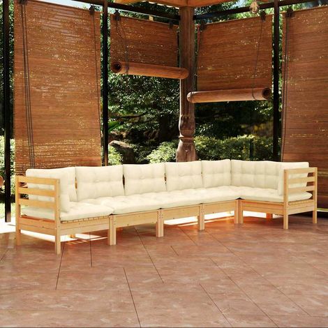 Salon de jardin 6 pcs Ensemble Table et Chaise de Jardin - avec coussins crème Bois de pin BV489653 - BonneVie (1/5)