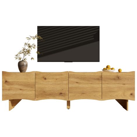 Meuble TV moderne à motif ondulé — Meuble audiovisuel multifonction avec compartiments de rangement, quatre portes et système de gestion des câbles (finition imitation bois) — Un choix de design éléga (1/4)