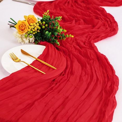 Chemin de table romantique, 90 x 300 cm, en tulle rustique, idéal pour les mariages, les arches, les soirées à thème et les anniversaires, rouge vif. (1/5)