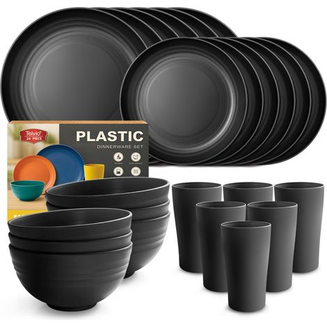 Service De Table 24 Pièces Incassable En Plastique Pour 6 Personnes - Assiette, Assiette à Dessert, Bol, Tasse, Sécurité Lave - Vaisselle, Vaisselle De Camping En Plastique Léger - Noir (1/5)
