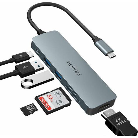 USB C Hub, 6 in 1 USB C Adapter with 4K HDMI, 2 x USB 3.0, 100W USB C Charging Port, SD/TF Card Reading, USB-C to Compatible with MacBook, iPad, Keyboard, Mouse and More D 'device (1/5)