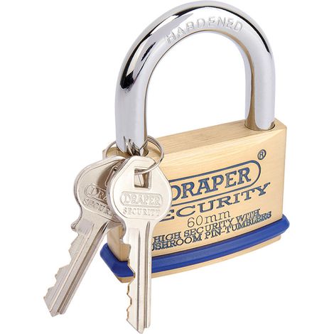 Draper 60mm Solid Brass Padlock with Hardened Steel Shackle, Mushroom Pin Tumblers, Bumper, and 2 Keys (Model 64163) (1/5)