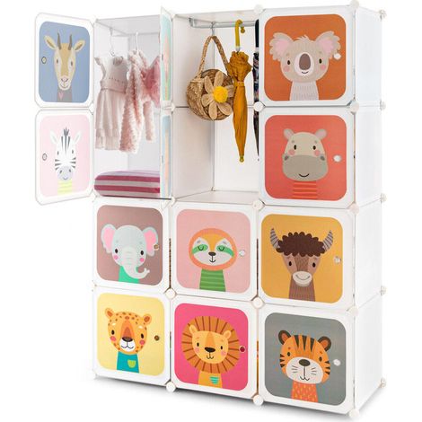 Pour Chambre Enfant Penderie Armoire de Rangement Modulable 12 Cubes avec Tringle et Portes Motifs Dessin Animé Blanc (1/5)