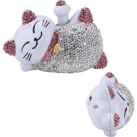 Chaton porte-bonheur maneki néko strass rose, décoration auto tableau de bord console centrale, figurine scintillante universelle (1/5)