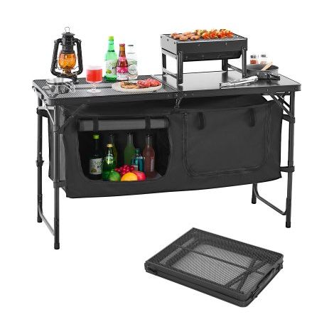 Camping Küchentisch klappbarer Kochtisch Outdoor, 3-fach höhenverstellbar, tragbare Kochstation aus Aluminium mit Organizer & Tragegriff, für Grillpartys Picknicks Wohnmobilreisen Schwarz (1/5)