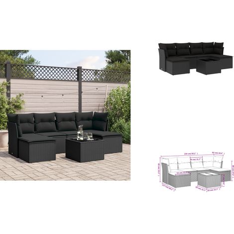 7-tlg. Garten-Sofagarnitur mit Kissen Schwarz Poly Rattan - Gartenmöbel Set - PE-Rattan Möbel - Outdoor Sofa - Esstisch Set - Balkonmöbel (1/3)