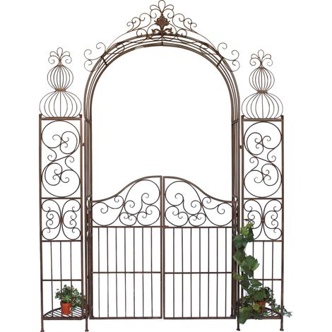 Dandibo – Arche de jardin 120853 – Portail en métal antique – Largeur 118 cm, hauteur 225 cm – 2 étagères 60 kg – Peinture antirouille