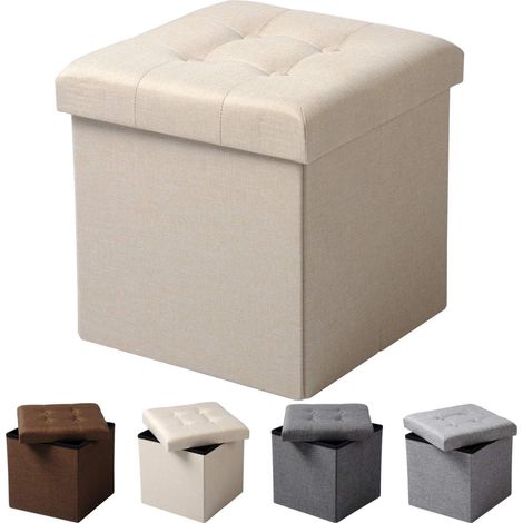 WOLTU Sitzhocker mit Stauraum Sitzwürfel Sitzbank faltbar Truhen Aufbewahrungsbox, Deckel abnehmbar, Gepolsterte Sitzfläche aus Leinen, 37,5x37,5x38CM(LxBxH), Cremeweiß