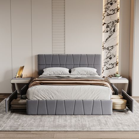 Lit Capitonné 160x200 cm Avec 4 Tiroirs et Grand Rangement, Double Avec Dossier et Sommier à Lattes, 2 Personnes, Velours, Gris (1/5)