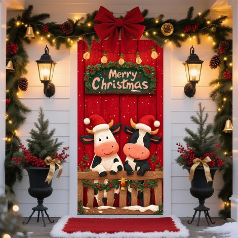 Décorations de Noël 2026 - Bannières, nœuds, décorations de Noël, rideaux de porte - 90 x 180 cm (œillets + ruban) - QL-46