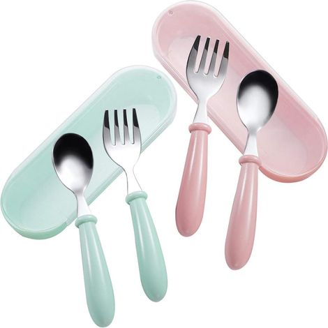 Cuillère Et Fourchette Bébé - Acier Inoxydable 304 - Lot Portable Avec Boîte De Rangement - Pour Apprentissage De L'Autonomie Alimentaire - Lot De 2 (1/5)