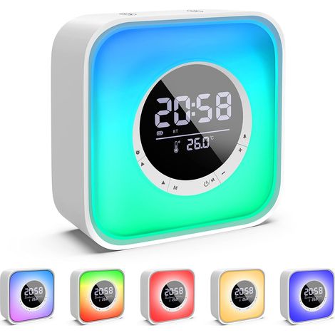 Réveil Lumineux avec Enceinte Bluetooth avec Lampe de Chevet LED avec 10 Changements de Couleur, Réveil à Calendrier Numérique, Radio FM et Affichage de La Température,Enceinte sans Fil Rechargeable (1/5)