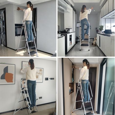Klappleiter mit 4 Stufen, breite rutschfeste Trittflächen, Sicherheitsgriff, Weiß-Schwarz OKMYHOME (1/5)