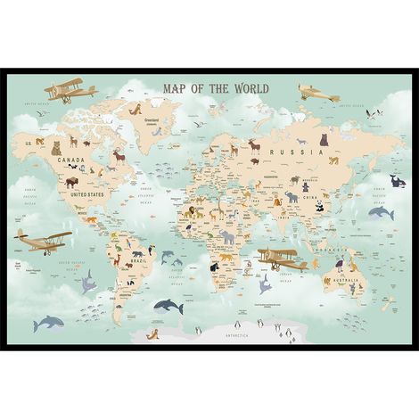 Affiche encadrée carte du monde animaux vintage (1/5)