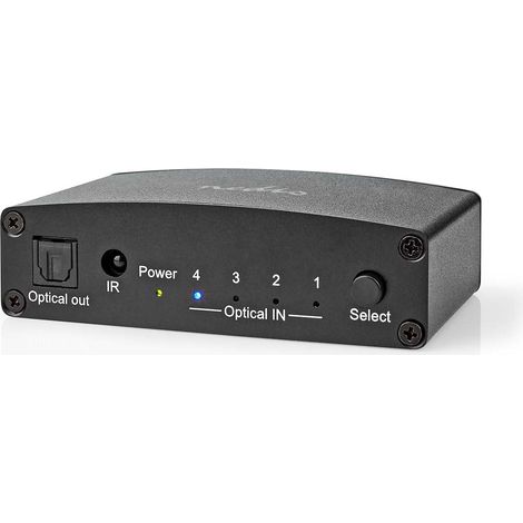 Conmutador de audio digital 4 vias entrada de conexion alimentacion cc 4x toslink salida de conexion toslink hembra control remoto manual boton metales negro