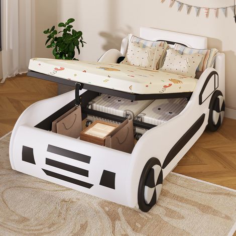 Lit auto enfant 90x200 cm MDF/PU blanc, rangement hydraulique, gain de place, sans matelas – MEUBLIV (1/5)