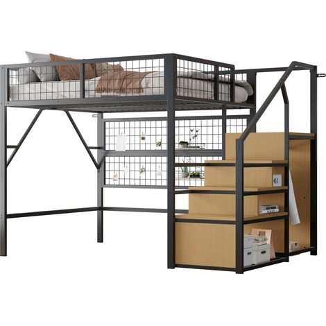 Lit Mezzanine Noir 140x200cm avec Escalier Rangement, Éclairage LED avec Application, Bureau et Étagères - Fer - pour Enfant Ado (1/5)