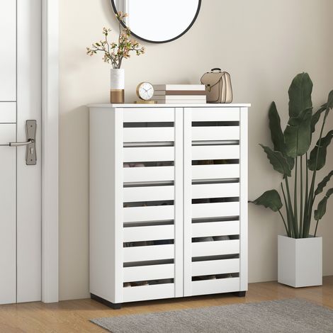 Armoire à chaussures à 5 niveaux avec 4 étagères réglables & portes lattes, en bois moderne, 76x33x98 cm, blanche