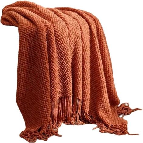 Couverture de canapé à pompons, 130x180cm, en tissu à carreaux tissé respirant et doux, marron-rouge, convient pour le bureau, le salon et la chambre. (1/5)