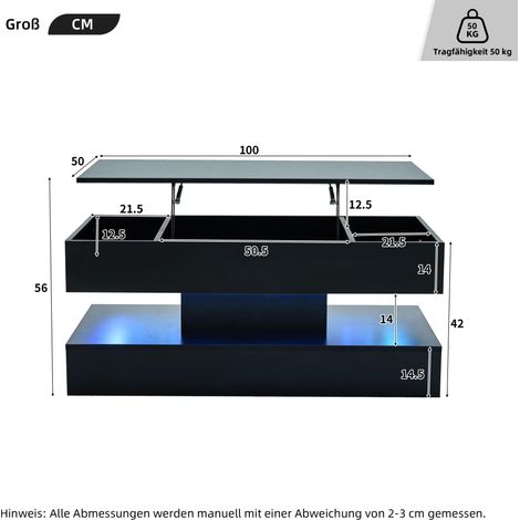 Couchtisch 100x50x42 cm schwarz mit LED, verstecktem Stauraum, Spanplatte, MEUBLIV (1/5)