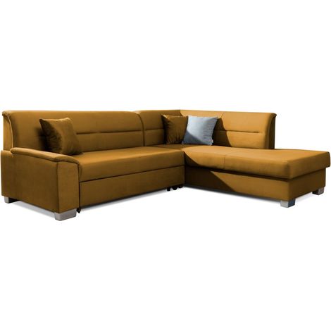 Canapé d'angle convertible TROMSO jaune orangé effet velours – Angle droit avec coffre