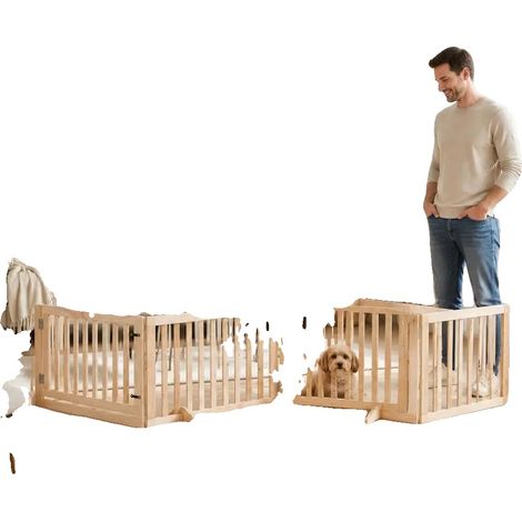 Puerta para perros, diseño plegable, construcción duradera de madera de álamo, marrón. (1/2)