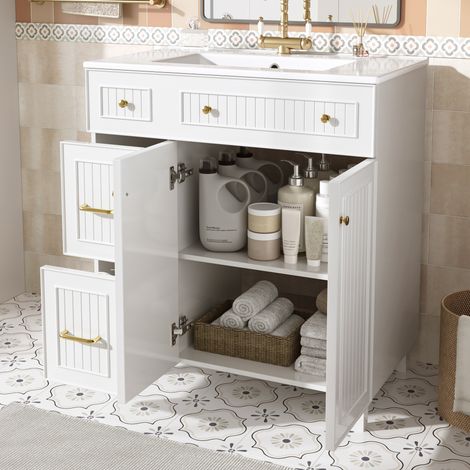 Meuble vasque salle de bain 81,7 cm - Meuble sous vasque céramique sur pieds bois massif, finition laquée blanche, rangement pratique, design moderne élégant (1/5)