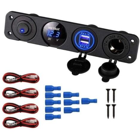 Prise allume-cigare, double port USB 2.1A, prise DC 12V, interrupteur et affichage LED Voltmètre Prise courant chargeur voiture étanche pour voiture 12V/24V, bateaux et marine, moto,ca