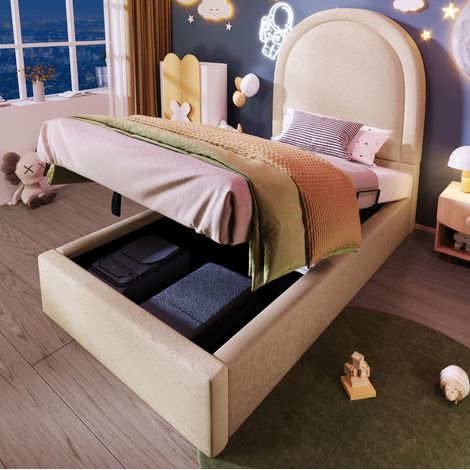 Letto imbottito singolo per bambini 90x200 cm con materasso e contenitore Beige (1/5)