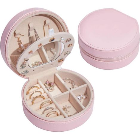 Boîte à bijoux rose, petit organisateur de voyage pour bijoux, pochette de rangement en cuir PU pour femme et fille, étui portable pour colliers, boucles d'oreilles, bagues et accessoires (1/5)