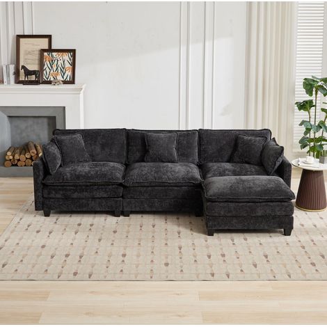 Divano lineare 3 posti 289x75x84 cm in tessuto ciniglia nero modulare FloraGrace (1/5)