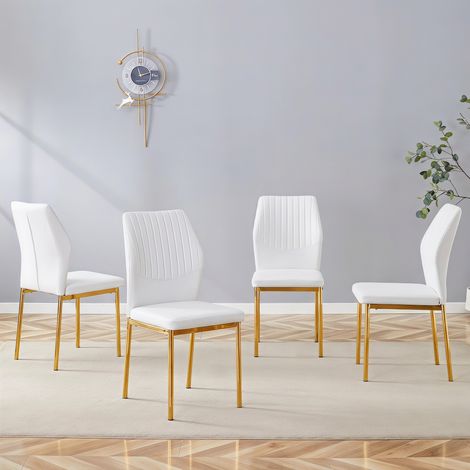 Lot de 4 chaises de salle à manger,chaise de cuisine et salon rembourrée, simili-cuir PU et pieds en métal dorés avec dossier à rayures, Blanc et doré (1/5)