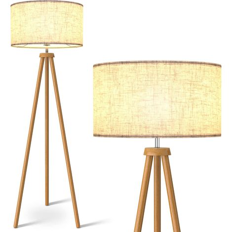Lampadaire Trépied en Bois avec Abat-jour en Lin Beige - Ampoule E27 12W 3 Températures, pour Décoration Salon/Chambre à Coucher (1/5)