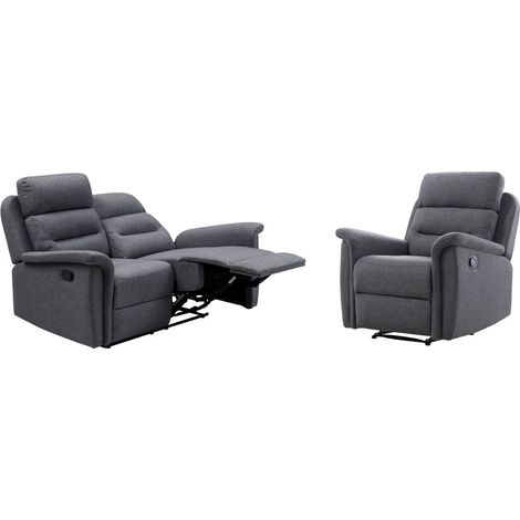 RELAXXO - Ensemble canapé relax manuel LÉON 2 places + fauteuil manuel en tissu gris foncé